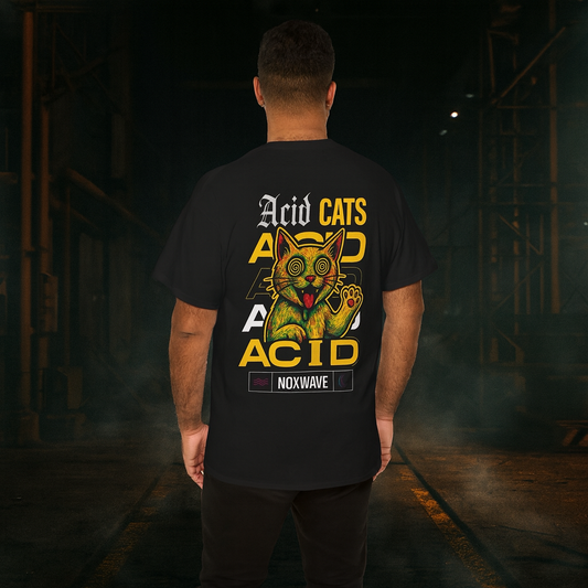 T-shirt Noir Acid Cats Psychédélique